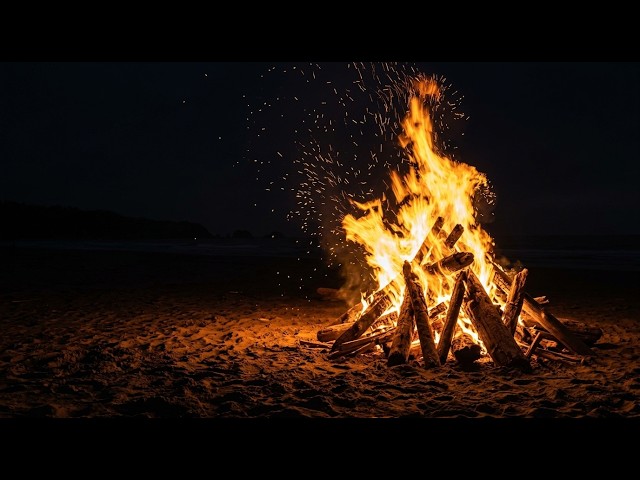Beach Bonfire Ambience | 4K Night Ocean & Crackling Fire Sounds