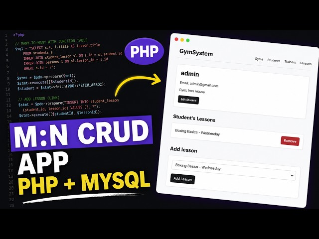 PHP MySQL Many-to-Many CRUD Tutorial | Students & Lessons - Trainers and Lessons
