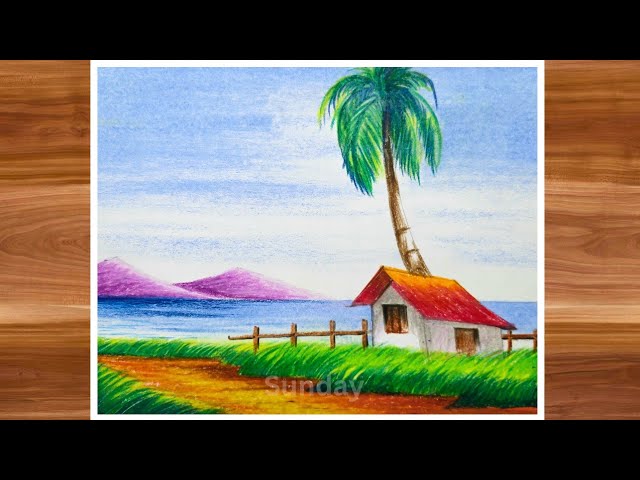 how to draw a beautiful village side scenery drawing - গ্রামের দৃশ্য সিনারি ড্রয়িং pastel drawing