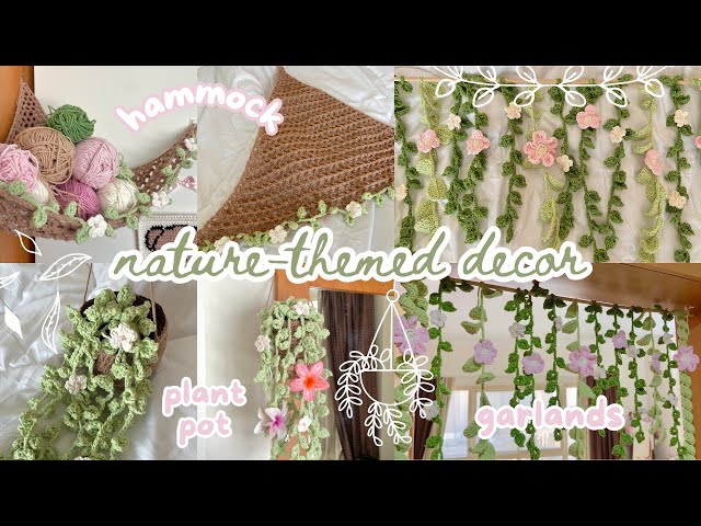 easy crochet room decor: garlands, hanging plant pot, & yarn hammock (nature-themed tutorials)