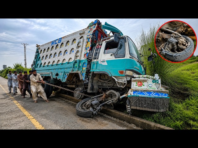 Incredible Truck Accident! Brake Failure Sends Gaint Truck Into Drain | Front Axle & Tires Destroyed