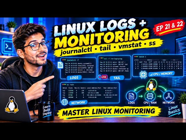 Linux Logs & System Monitoring Guide: journalctl, tail, vmstat, ss | Linux Basics (Ep 21 & 22)