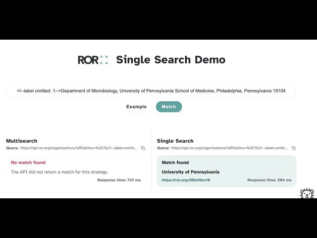 ROR single search affiliation matching strategy demo Nov 2025