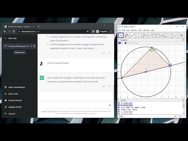Geometric reasoning with ChatGPT and GeoGebra, part 1
