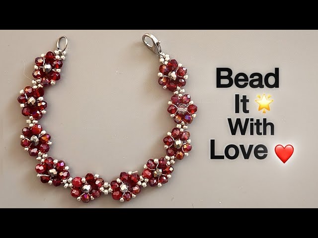 Wine Red Crystal Flower Bracelet Tutorial | Easy Beads Jewelry Making for Beginners
