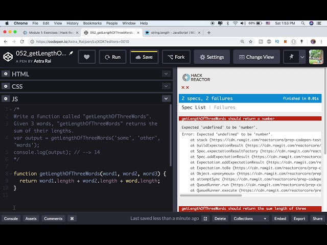 JavaScript Exercises | Hack  Reactor's Bootcamp Prep | Module 1 | 052_getLengthOfThreeWords