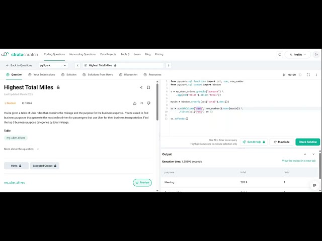 pyspark interview question Highest Total Miles