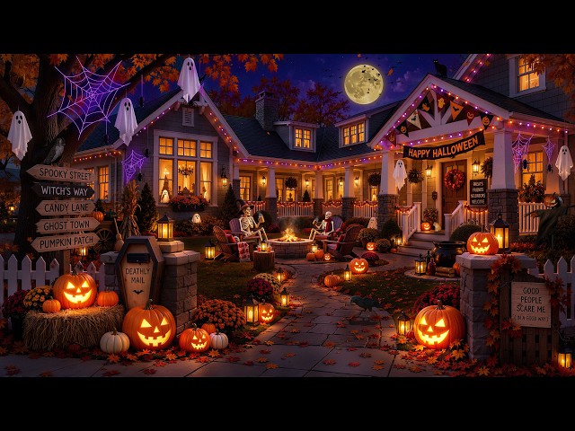 Jack-o’-Lanterns Glow Outside a New England Halloween House 🎃 Autumn Night Jazz & Fireplace Crackles