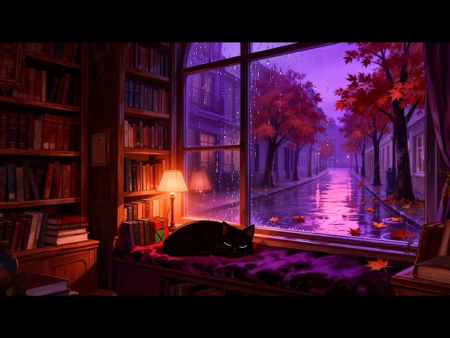 Cozy Rainy Window 🌙 Lofi Cat | Deep Sleep Music [Autumn Street & Soft Rain Sounds]
