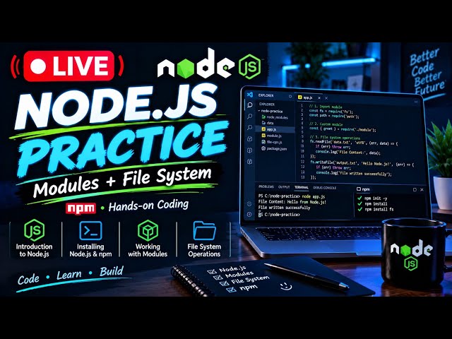 🔴 LIVE | Node.js Basics Practice 🚀 | Modules + File System + npm | Live Coding