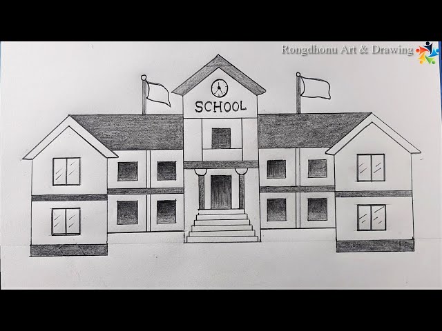 How to draw a School Scenery 💛 My School ka Chitra 😍 School Project work 😍 Art Competiton