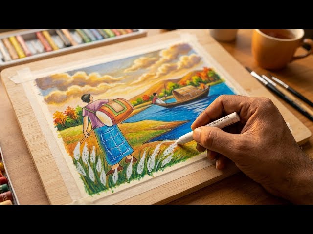 Easy Autumn River Scenery Drawing with Oil Pastels | Step-by-Step Tutorial  শরৎকালের দৃশ্য আঁকা