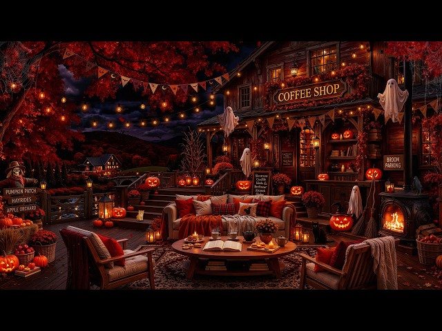 Pumpkin Glow at the Fall Coffee Shop 🎃| Halloween Autumn Jazz & Crackling Fireplace on a Quiet Night