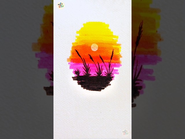 Easy Sunset Nature Drawing Tutorial | Beautiful Marker Art for Beginners 🌅🎨#shorts