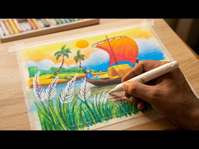 Easy Riverside Autumn Village Scenery Drawing with Oil Pastels | Gramer Drisso Drawing 