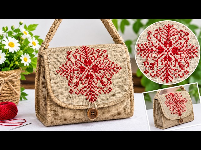 Beautiful Cross Stitch on Jute Bag | Easy Embroidery Design | DIY Jute Purse Bag 