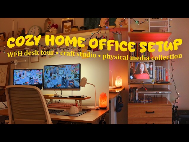 setting up my cozy home office 💛 diy desk setup, physical media, creative studio, thrifted decor