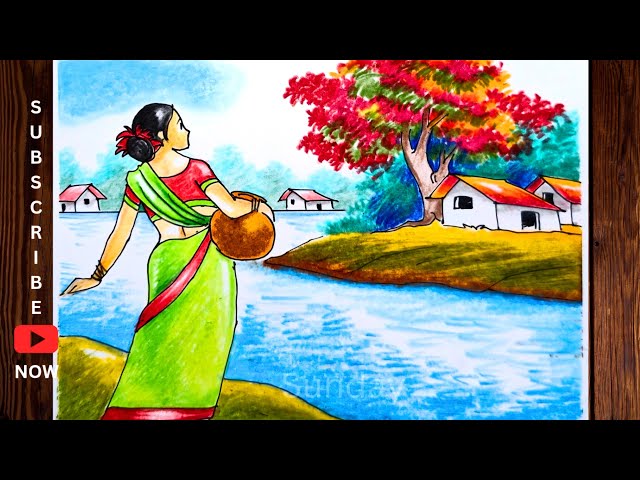বসন্তকালের দৃশ্য আঁকা ও রং করা/spring drawing and colour/village scene with woman drawing and colour