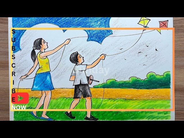 how to draw a scenery of kite flying ঘুড়ি ওড়ানোর দৃশ্য ড্রয়িং