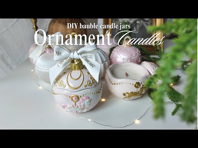 DIY holiday ornament candle jars | hydrostone & Jesmonite bauble jars, wood wick soy wax candle