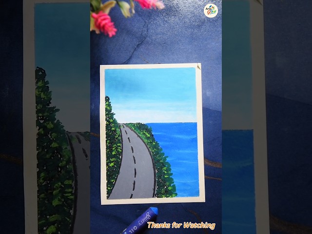 Easy Roadside Nature Drawing 🌊🛣️ | Beautiful Scenery Oil Pastel Art Tutorial#shorts