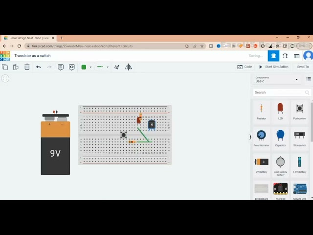 transistor As a switch circuit using led, tinkercad simulation @Autodesk Tinkercad