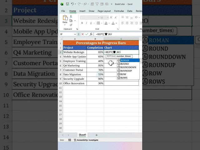 Turn Excel Percentages Into Progress Bars With 1 Formula! #excelshorts #exceltips