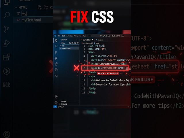 How to link CSS to Html in Visual Studio code in 10 Sec🚀 | html beginner tutorial #shorts #css #html