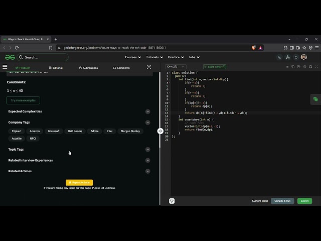 Ways to Reach the Nth Stair | GFG Solution in C++ | Top Down DP Explained