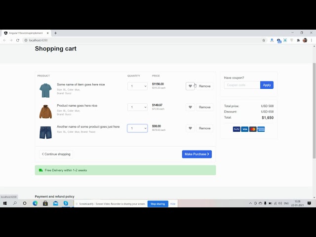 Angular 11 Ecommerce Site Cart Page Template Free