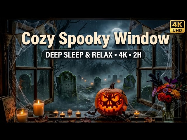 4K Cozy Spooky Window: Rain, Thunder & Graveyard Halloween Ambient 🎃 Ambience for Sleep and Study 2H