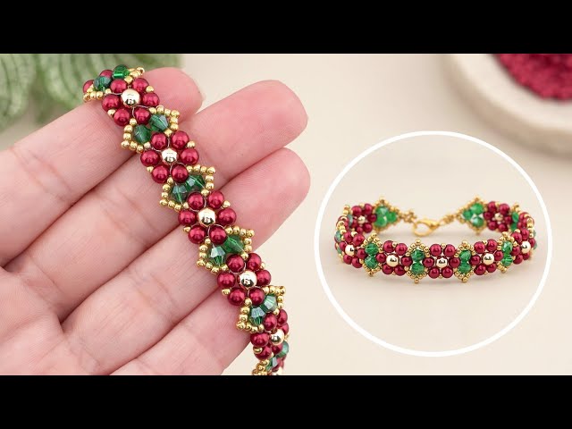 DIY Beaded Bracelet: Beautiful Flower Pattern using Pearls & Crystals #beadedbracelet #diy #beadlot