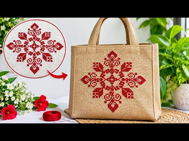 Beautiful Cross Stitch on Jute Bag | Easy Embroidery Design | Jute Bag Decoration 