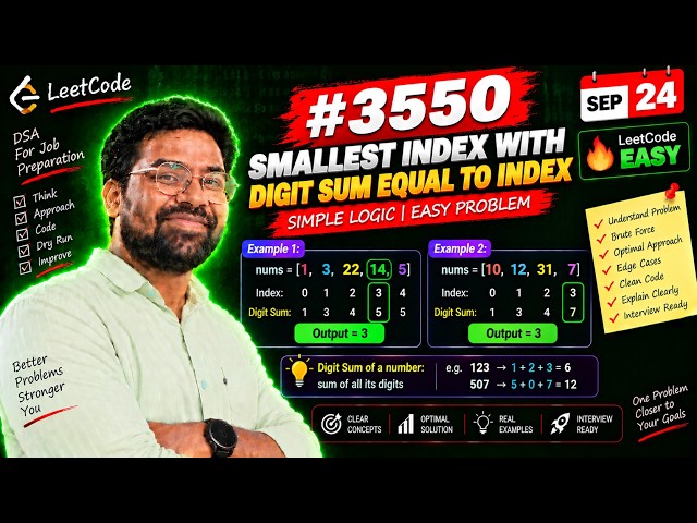 3550. Smallest Index With Digit Sum Equal to Index sep24 | LeetCode | Java | Easy DSA