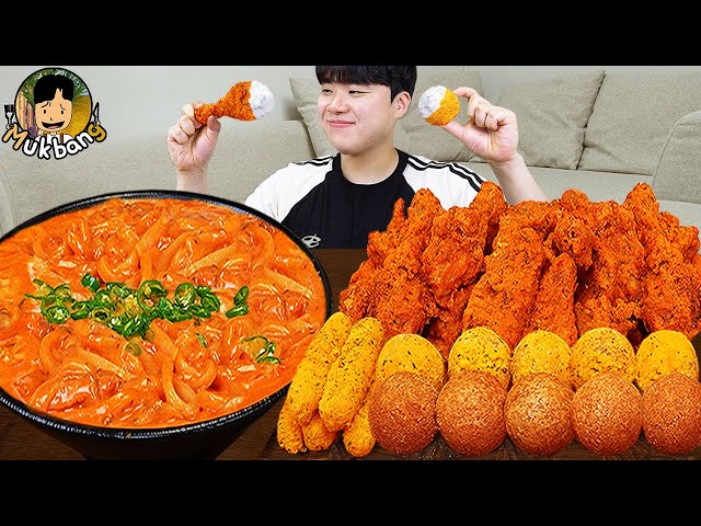 ASMR MUKBANG | Crispy Fried Chicken, fire noodles, cheese ball recipe ! eating