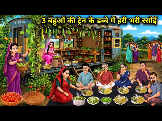 3 बहुओं की ट्रेन के डब्बे में हरी भरी रसोई || Cartoon Videos || A lush green kitchen in the train co