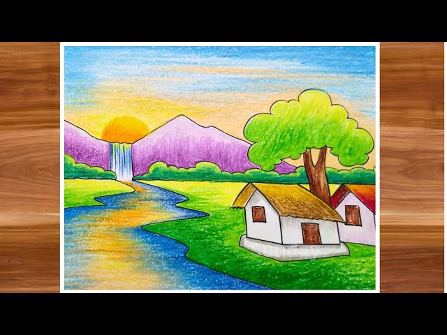 how to draw a beautiful village side scenery drawing - গ্রামের দৃশ্য সিনারি ড্রয়িং pastel drawing