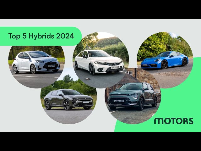 Top 5 Hybrids 2024:  Toyota Yaris, Honda Civic, Porsche 911 Carrera 4 GTS, Kia Niro, Citroen C5X.