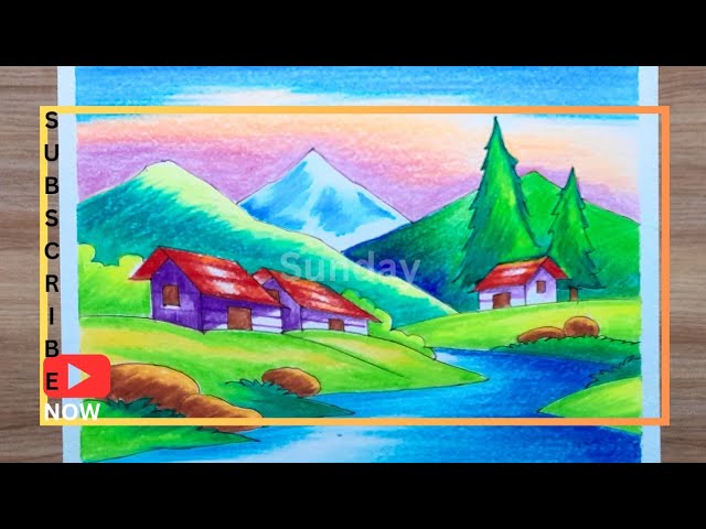 Mountain River Sunset Village scene drawing/Hillside village scene drawing/গ্রামের দৃশ্য/দৃশ্য আঁকা