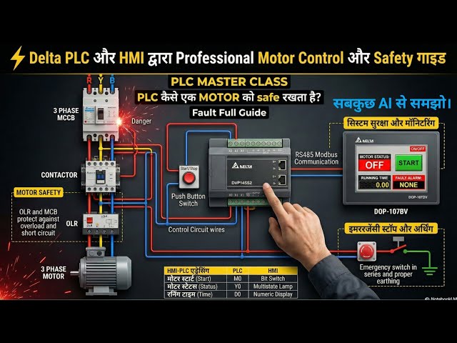 PLC DOL Ladder Logic with HMI Programming | RS485 Modbus Communication Full Wiring Explained