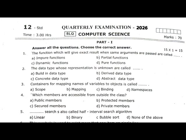 12th Std Computer Science Quarterly Exam September 2026: Original Question Paper for Tomorrow's Exam