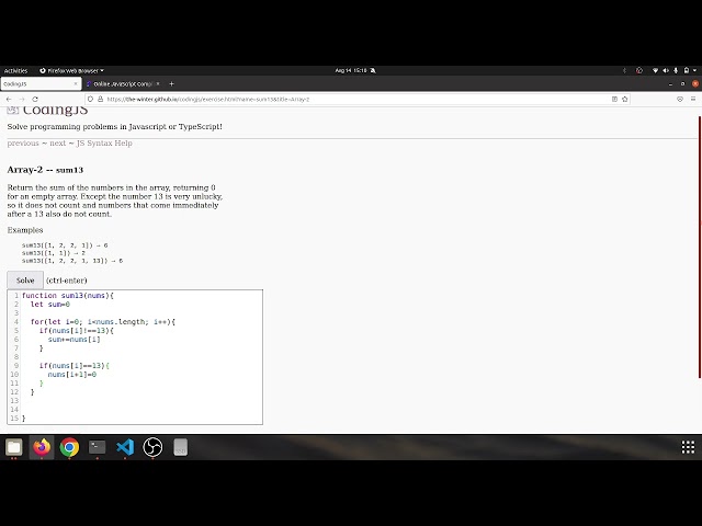 Codingjs (Codingbat)  Array-2  sum13  solution