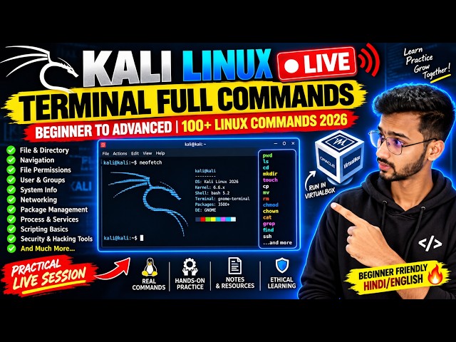 🎯Kali Linux Terminal Full Commands 🔥 LIVE 2026 | 100+ Linux Commands Beginner to Advanced 2026