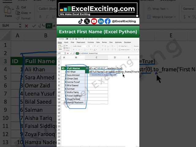 Excel Trick# 27 – Extract First Name with Python in Excel #shorts #excel #excelexciting