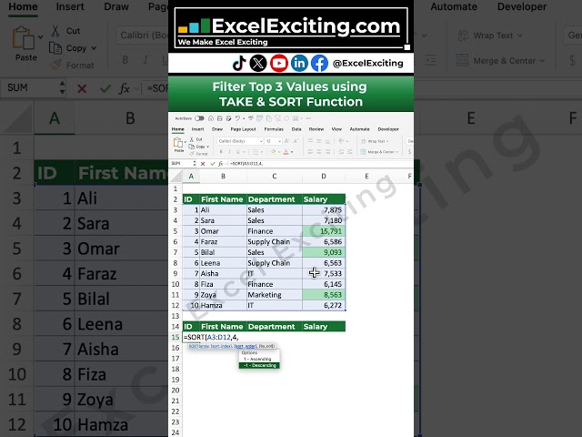 Excel Trick# 29 – Filter Top 3 Rows Using TAKE & SORT Function