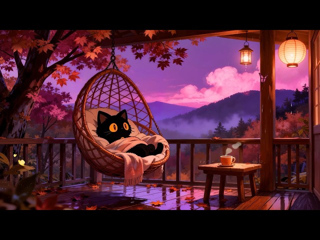 Cozy Autumn Balcony 🌙 Lofi Cat | Deep Sleep Music [Warm Tea & Forest Rain Ambience]