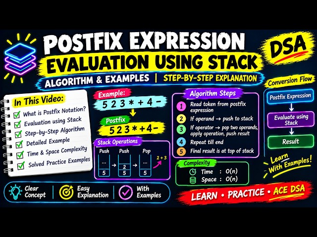 Lecture 36 Evaluation of Postfix Expression Using Stack | Algorithm & Examples | DSA