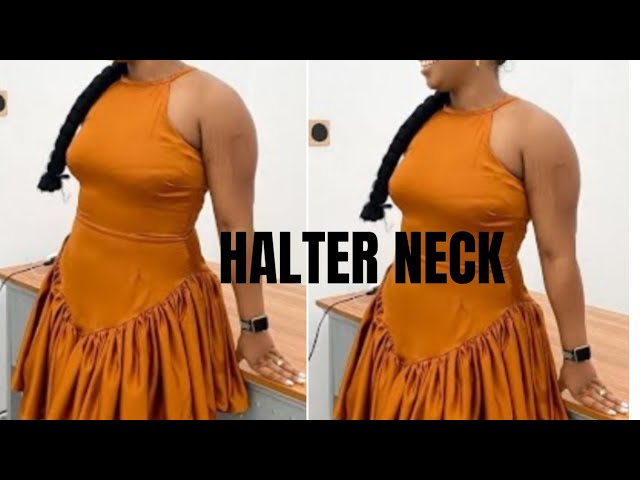 HOW TO DRAFT CUT AND SEW HALTER NECK DRESS WITH BASQUE WAISTLINE AND RUFFLE HEM