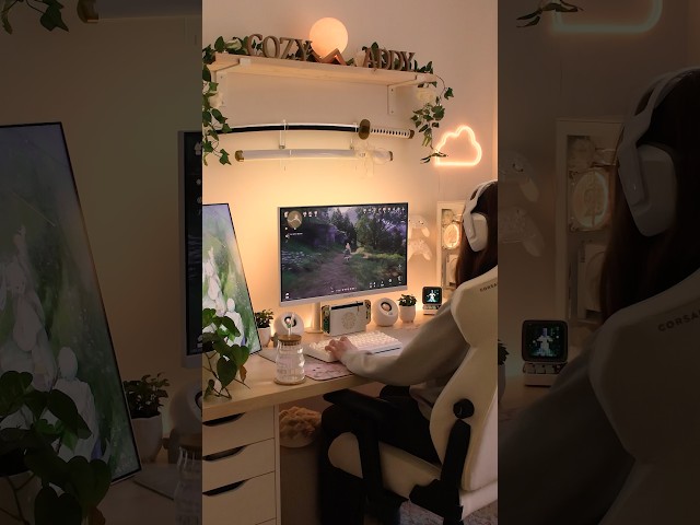 Cozy gaming afternoon at my desk 🌱 #shorts #gamingsetup #cozygaming
