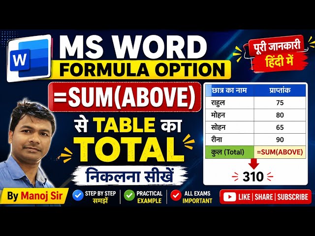 MS Word Formula SUM(ABOVE) Explained in Hindi | Table में Total कैसे निकालें?